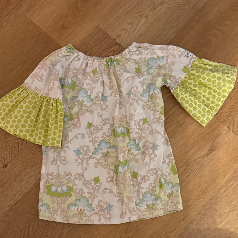 Charming Kids Dress with Green and Cream Floral Design